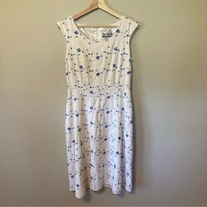 Vintage Linen Blend Sheri Martin Blue and White Embroidered Dress